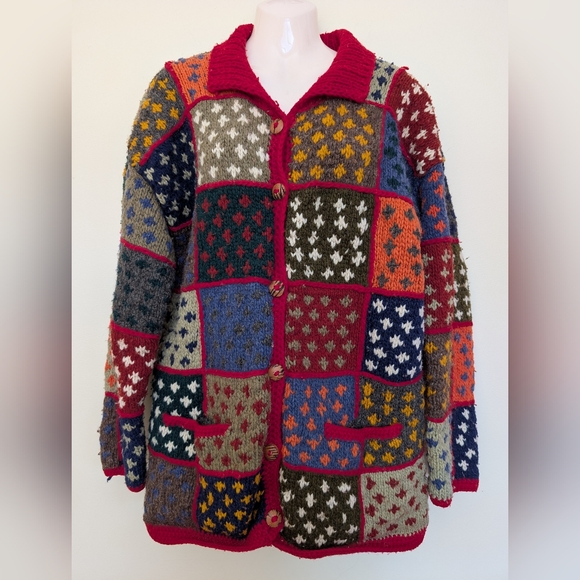 Las Americas Wool Patchwork Knit Cardigan Sweater Jacket Medium Large - Picture 2 of 14